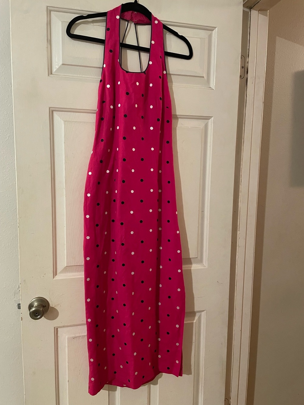 Vintage Donna Morgan Reversible Linen Blend Polka Dot Halter Maxi Dress 8 Pink